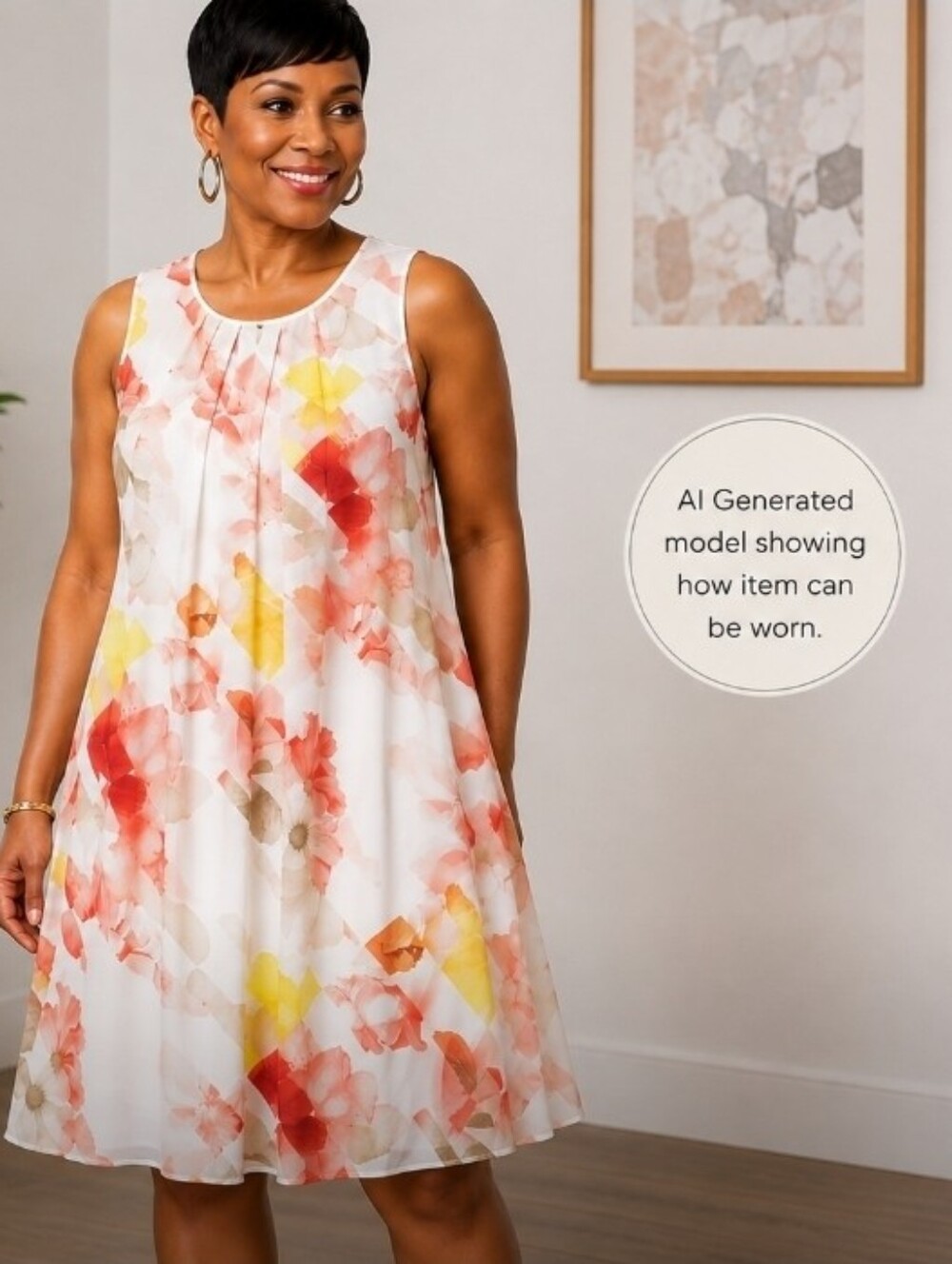 Calvin Klein Watercolor Floral Shift Dress Sleeveless Pleated Neck US10